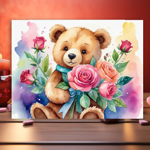 Poster Aquarelle Whimsace Ours En Teddy Avec Bouquet De R
