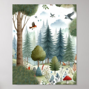 Poster Aquarelle Whimsical Forêt Animaux Enfants Nursery