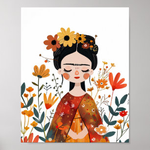 Poster Aquarelle Whimsical Frida Kahlo avec Fleurs