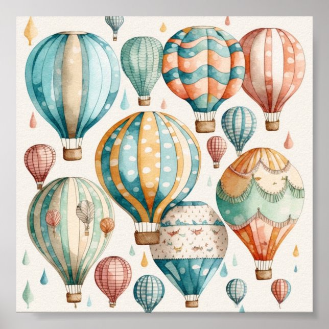 Poster Aquarelle Whimsical Hot Air Balloons Art Imprimer (Devant)