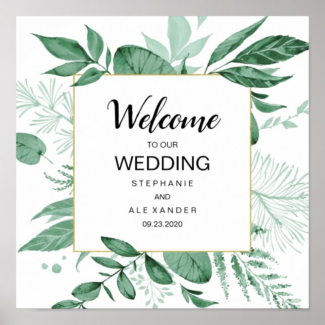 Poster Aquarelle Wild Feuilles Hunter Mariage vert (Devant)