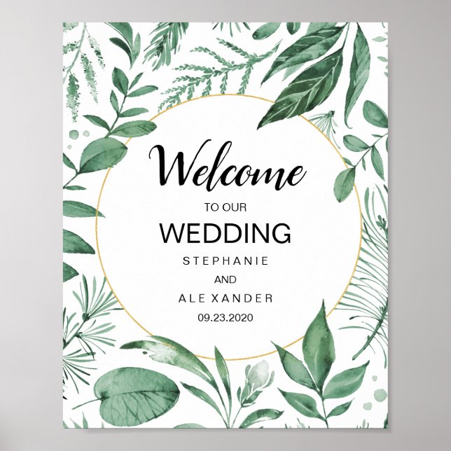 Poster Aquarelle Wild Feuilles Hunter Mariage vert (Devant)