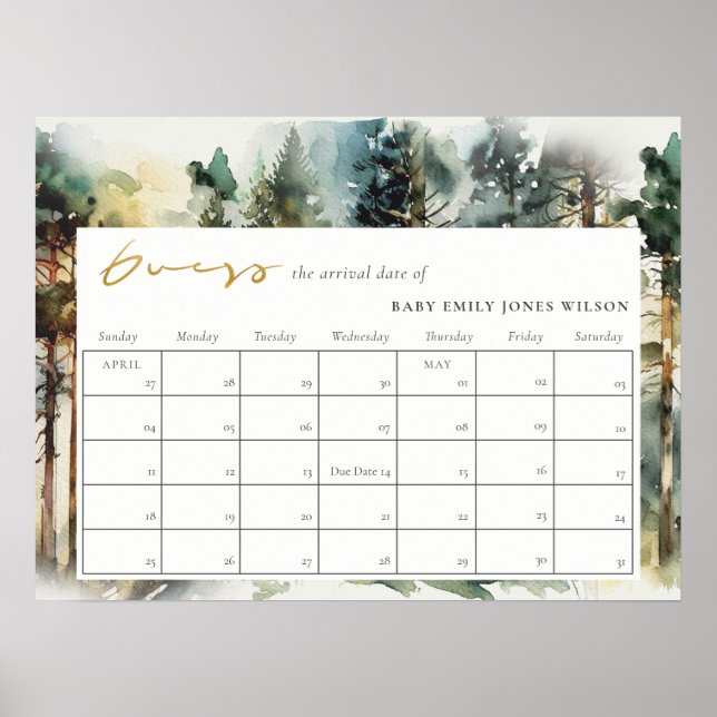Poster Aquarelle Woodland Forest Guess Baby Date d'échéan (Devant)