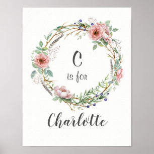 Poster Aquarelle Wreath avec fleurs et plumes roses
