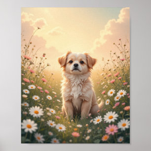 Poster Aquarelle Yorkshire Terrier dans le champ de fleur