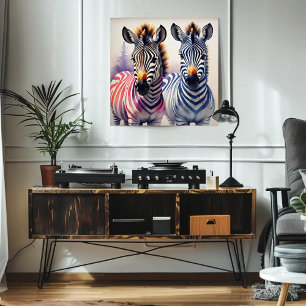 Poster Aquarelle Zebra Duo Pointillisme