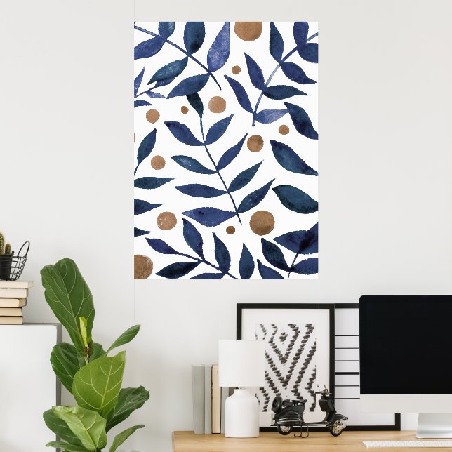 Poster Aquarelles et baies - indigo et beige (Bureau à domicile)