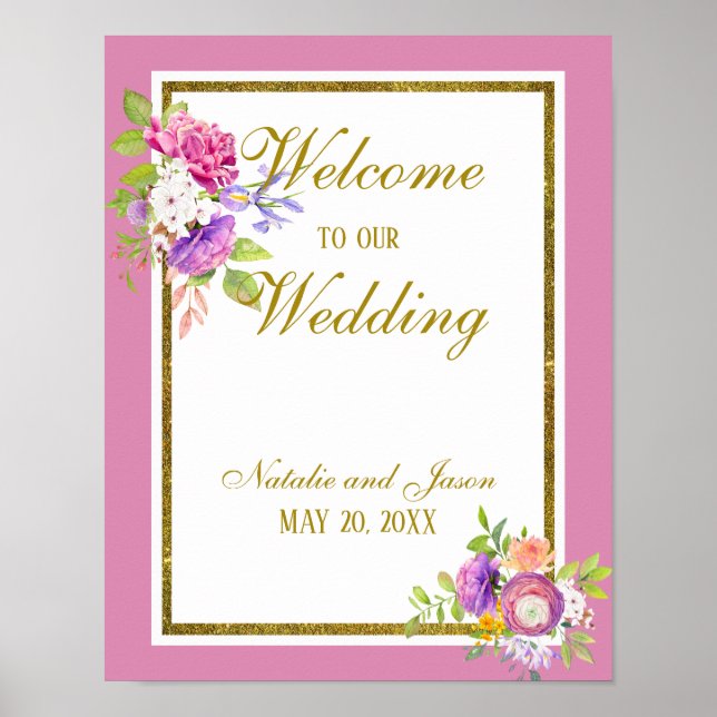 Poster Aquarelles florales rose et or Mulberry Bienvenue (Devant)