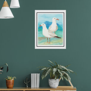 Poster Aquarelles Mouettes sur la Plage Oiseaux Nature Ar
