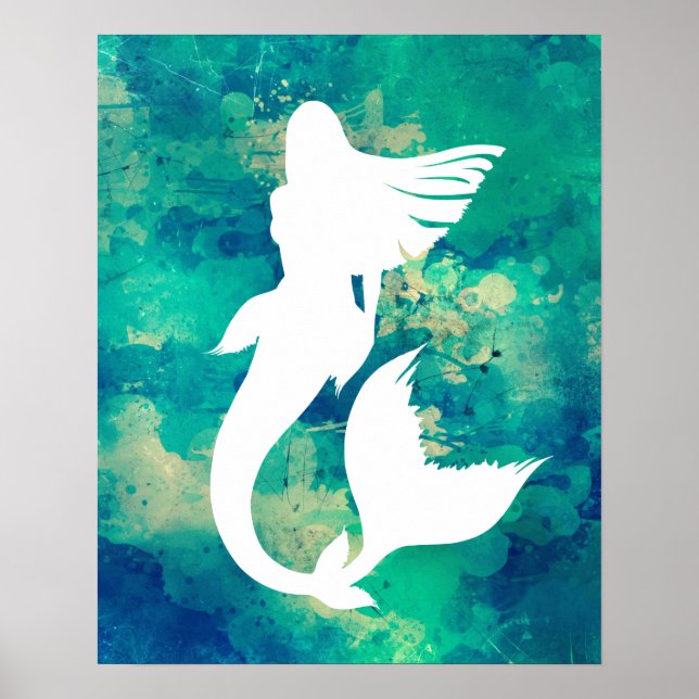 Poster Aquarelles Océan teintes Sirène Silhouette (Devant)