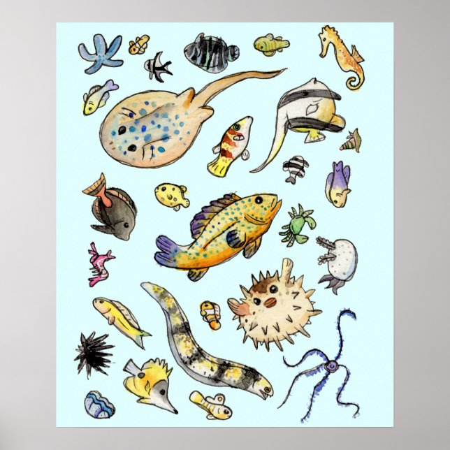 Poster Aquarium Saltwater Poisson Aquarelle (Devant)