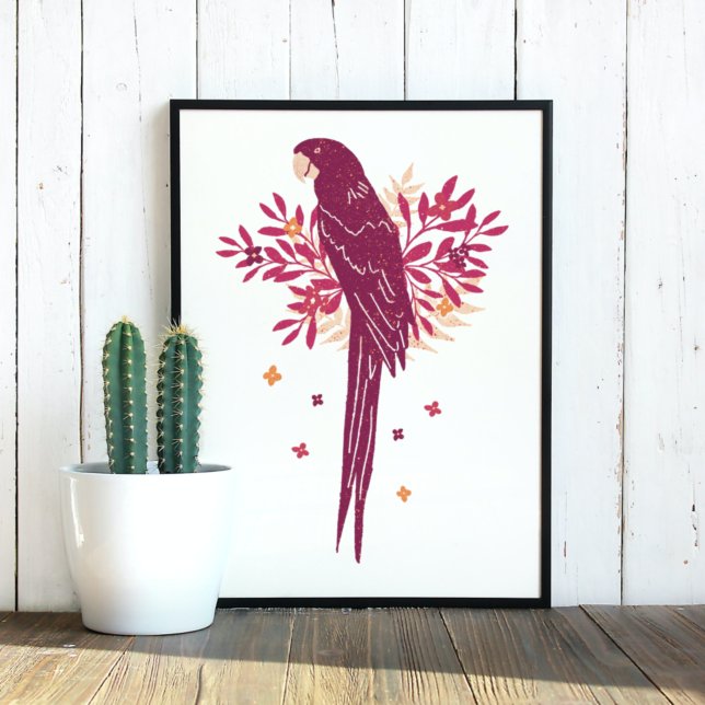 Poster Ara Parrot Bourgogne Rouge Tropical Feuilles Dessi (Créateur téléchargé)