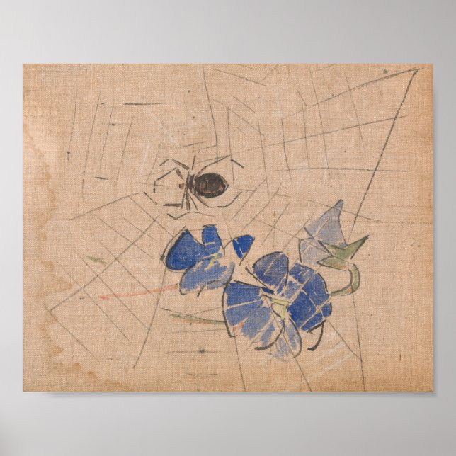 Poster Araignée et Web avec fleurs bleues | Joseph Crawha (Devant)