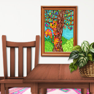 Poster Arbre à chat rayé coloré dessin animé mignon et am