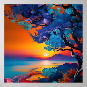 Poster Arbre à fleurs au lac au lever du soleil