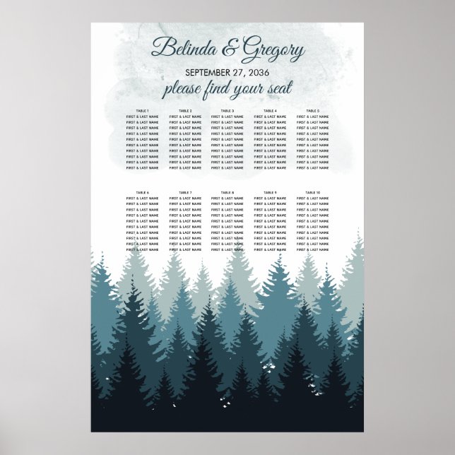 Poster Arbre à pin Aquarelle Forêt Mariage Carte de siège (Devant)