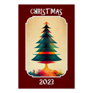 Poster Arbre à pin artistique Joyeux Noël 2023