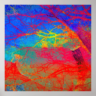 Poster Arbre Abstrait en rouge et bleu
