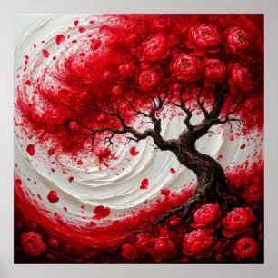 Poster Arbre Abstrait Vibrant Avec Fleurs Rouges En Flèch