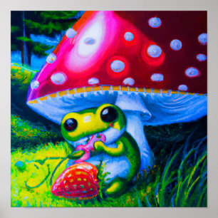 Poster Arbre adorable Grenouille mangeant une fraise