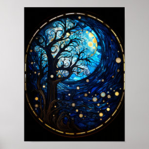 Poster Arbre au Clair de Lune Vitrail Art Céleste
