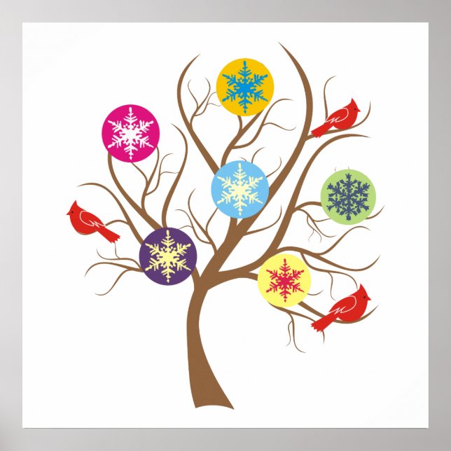 Poster Arbre avec flocons de neige et cardinaux sur mesur (Devant)