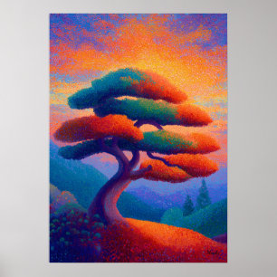 Poster Arbre Bonsaï Zen Pointillisme Paysage Art