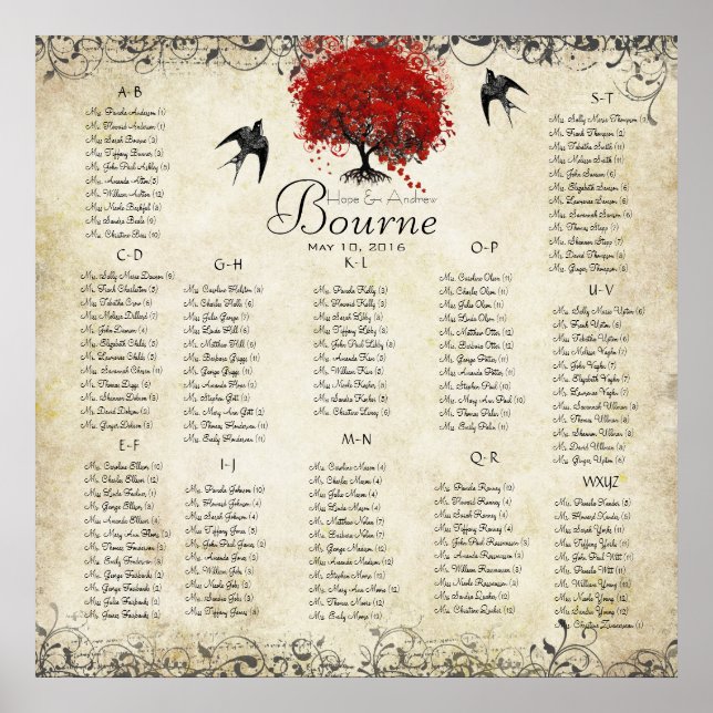 Poster Arbre Cœur Rouge - 100 à 150 invités - alphabétiqu (Devant)