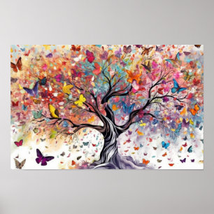 Poster Arbre coloré aux papillons