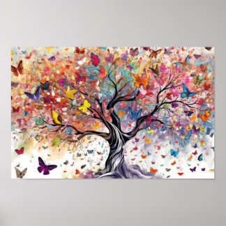 Poster Arbre coloré aux papillons