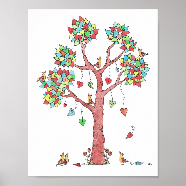 Poster Arbre d'aquarelle avec oiseaux (Devant)
