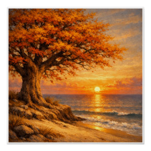 Poster Arbre d'automne avec papillons au lever du soleil