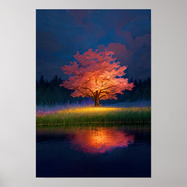 Poster Arbre de charme éclairé en rouge (Devant)