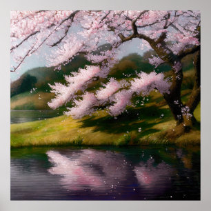 Poster Arbre De Fleurs De Cerisiers Sur Un Lac