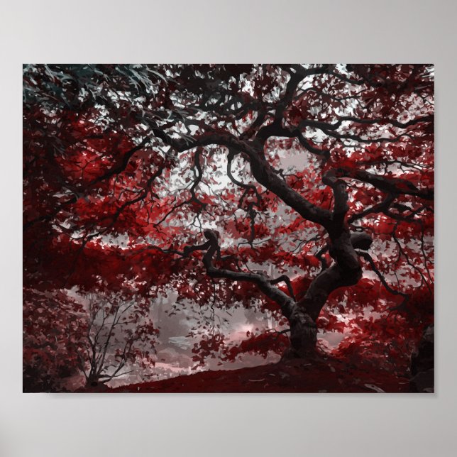 Poster Arbre de fleurs rouges (Devant)