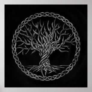 Poster Arbre de la vie - Yggdrasil - gamme de gris
