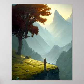 Poster Arbre de montagne solitaire - Art graphique paysag