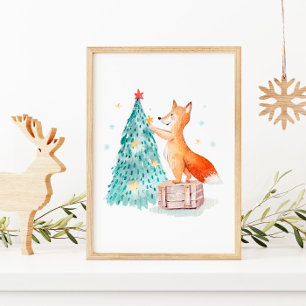 Poster Arbre de Noël Aquarelle et renard mignon