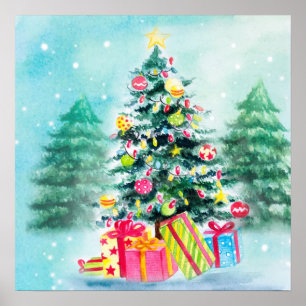 Poster Arbre de Noël décoré en aquarelle