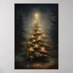 Poster Arbre De Noël Décoré En Forêt La Nuit