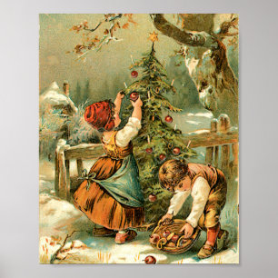 Poster Arbre de Noël décoré par des garçons et des filles