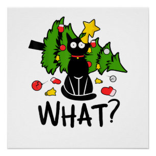 Poster Arbre de Noël drôle de chat noir Noël joyeux Santa