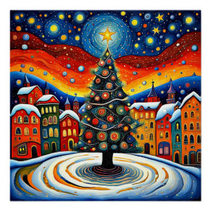 Poster Arbre de Noël en ville carré 3