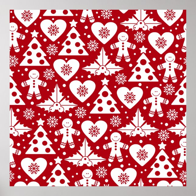 Poster Arbre de Noël et pain d'épices Motif sur rouge (Devant)
