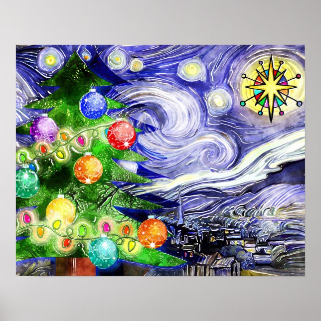 Poster Arbre de Noël étoilé Aquarelle (Devant)