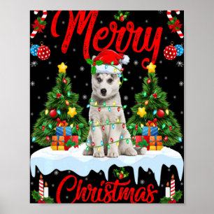Poster Arbre de Noël lumières Santa Chien Husky Sibérien