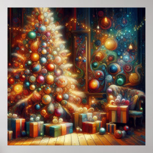 Poster Arbre de Noël Rétro Avec Cadeaux Sous le Mur