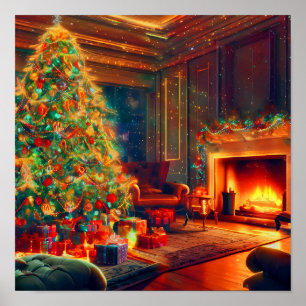 Poster Arbre De Noël Rétro Et Cheminée