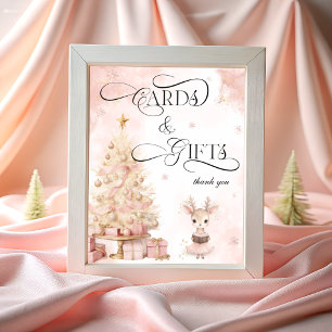 Poster Arbre de Noël rose et cartes et cadeaux de cerfs d