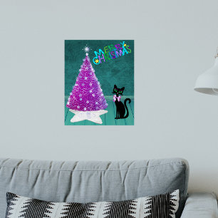 Poster Arbre de Noël Rose Pailleté Argent Chat Noir Joyeu